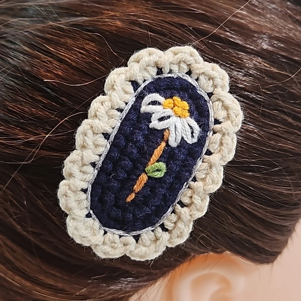 Hand Crafted Hand Knit Crochet Hair Clip Handmade Navy Blue  embroidered flower